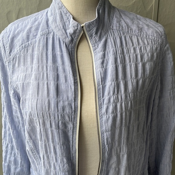 Chico’s Cotton Light Weight Stripe Zip Jacket White Blue Size 1 - Picture 2 of 7